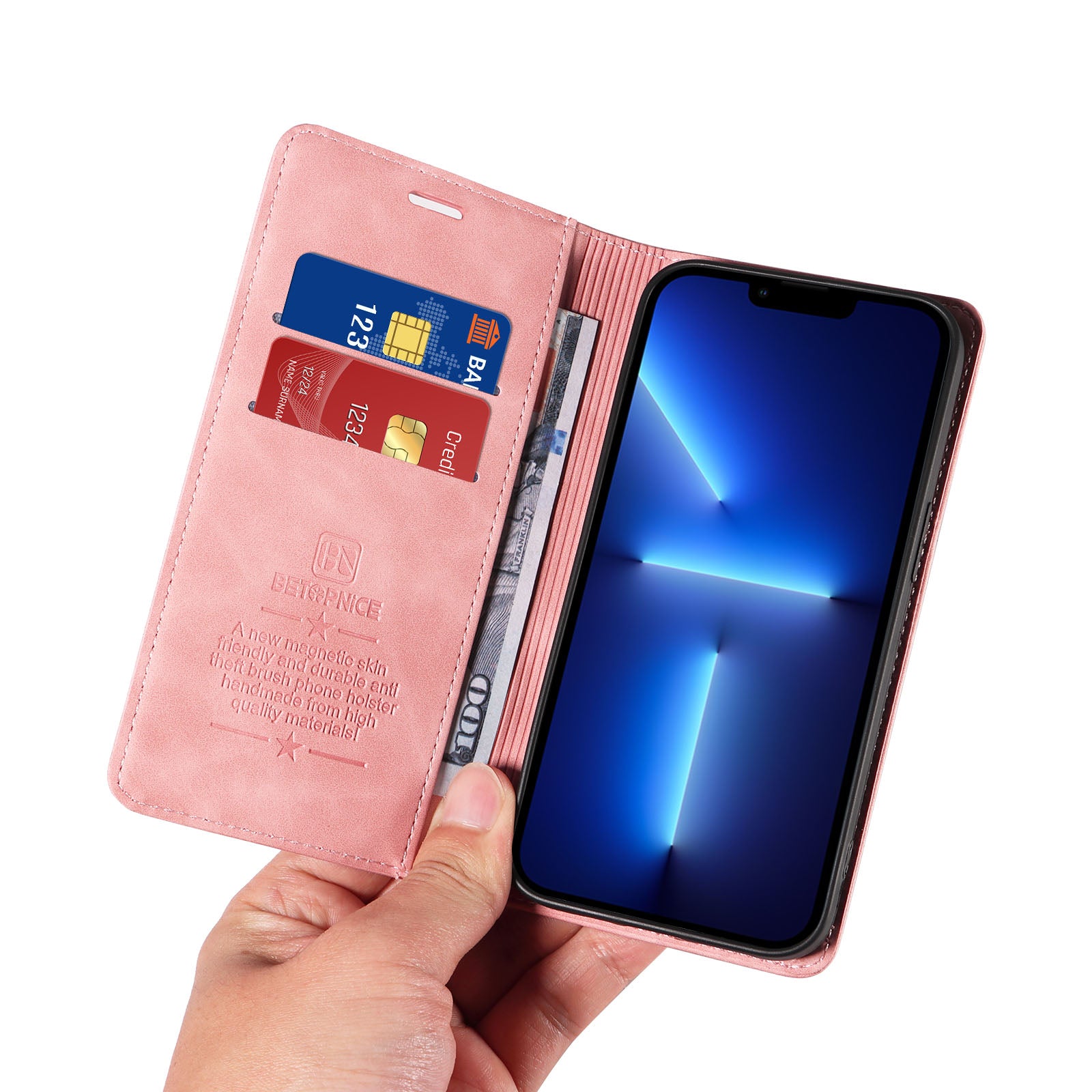 Uniqkart 003 Magnetic Absorbed Phone Case for iPhone 13 Pro , RFID Blocking Wallet PU Leather Stand Cover - Pink Uniqkart 003 Magnetic Absorbed Phone Case for iPhone 13 Pro , RFID Blocking Wallet PU Leather Stand Cover - Pink